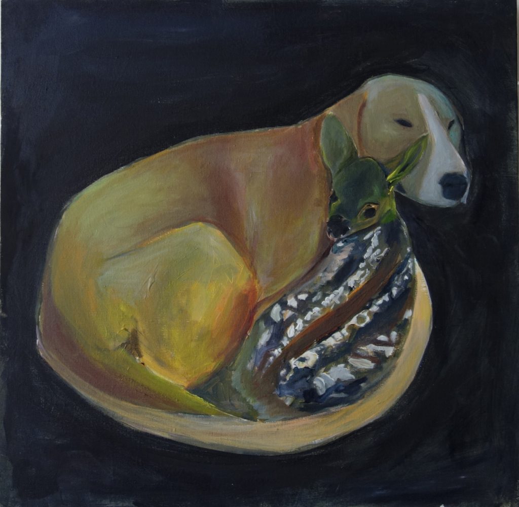 Chien et Faon, 60 x 60 cm acrylique sur toile