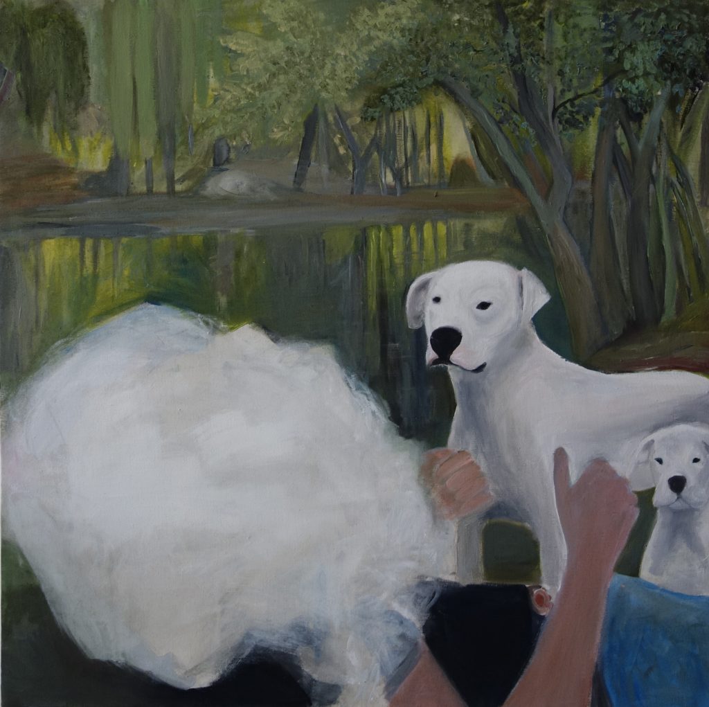 Chien, paysage et fumée, Guillaume Damry 80x80 cm
