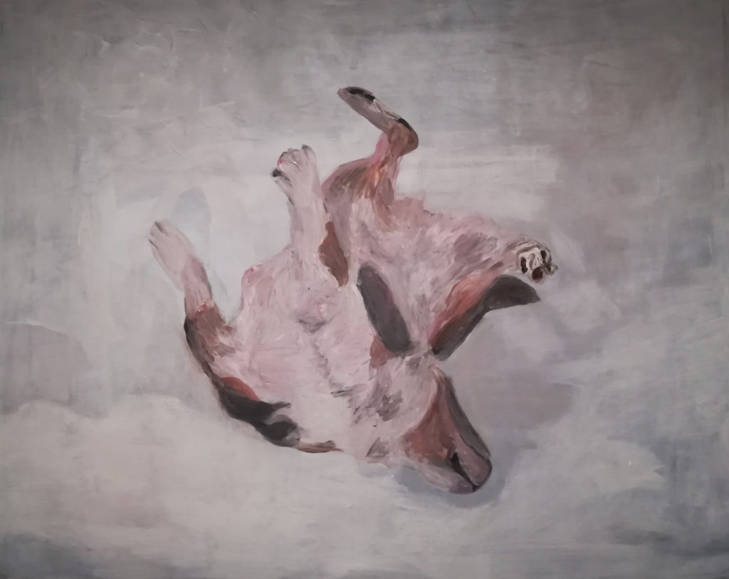 Chien dans la neige, 92x73cm acrylique sur toile