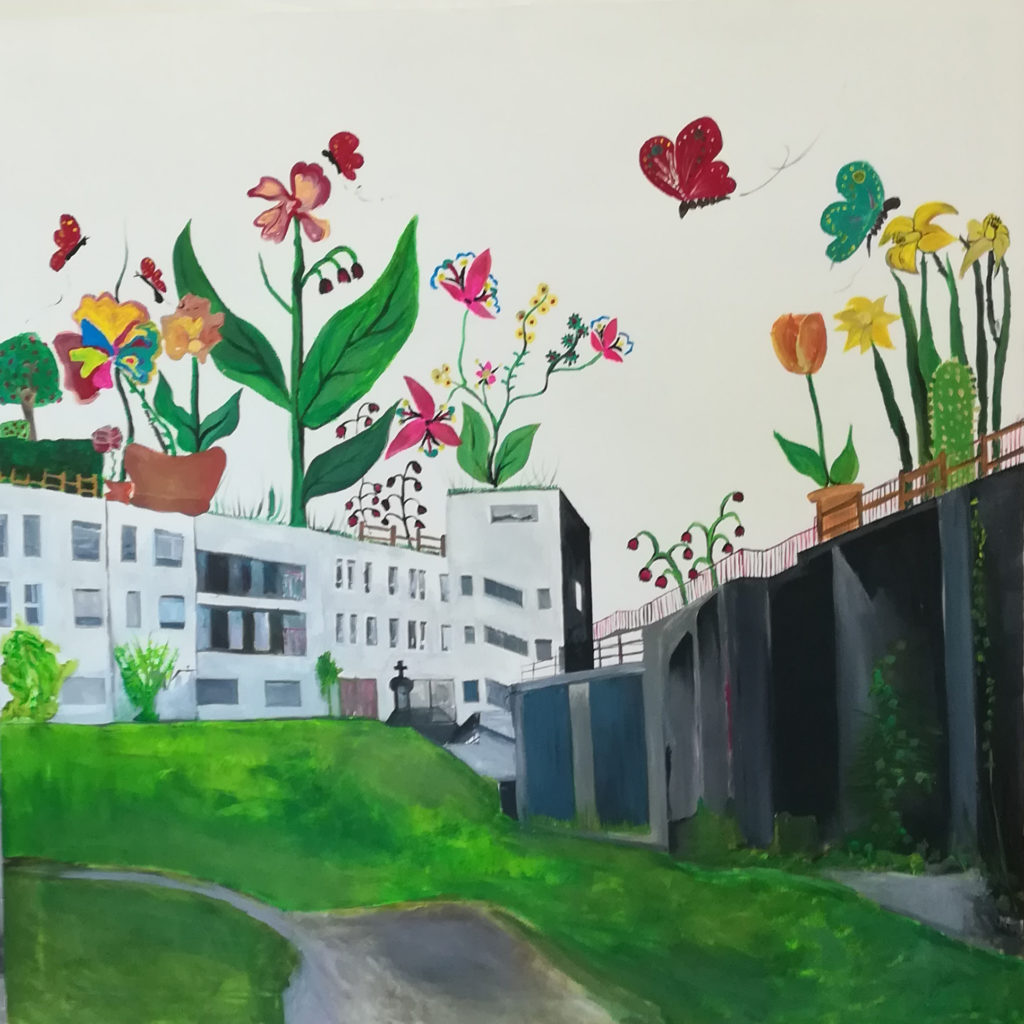 Guillaume Damry, peinture acrylique 200x200 cm atelier dans le cadre de Culture et Santé à Cornil 2018